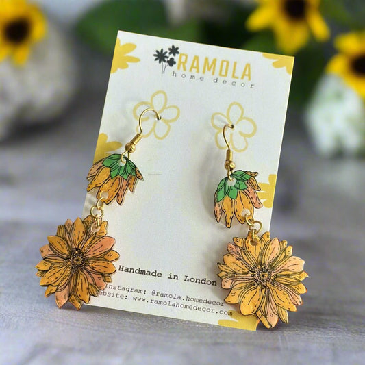 Sunflower long earrings - handmade