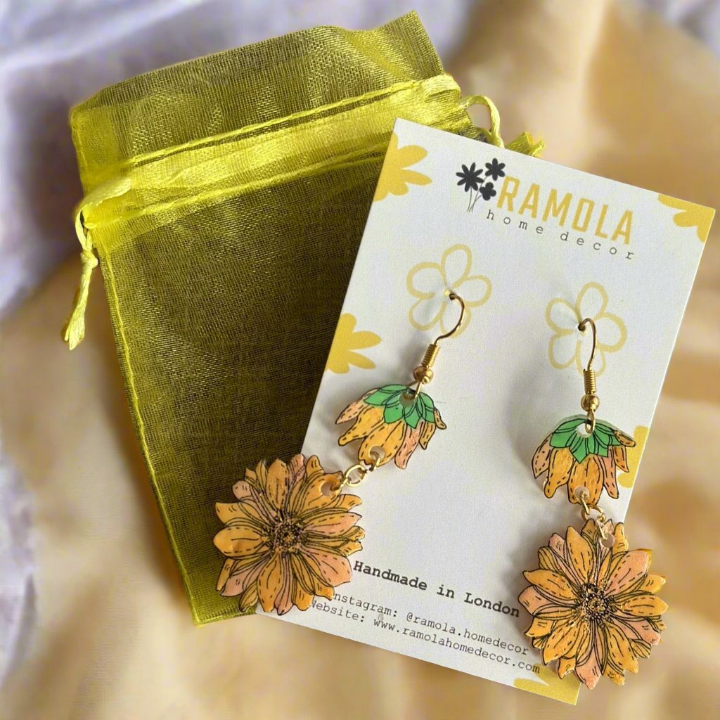 Sunflower long earrings - handmade
