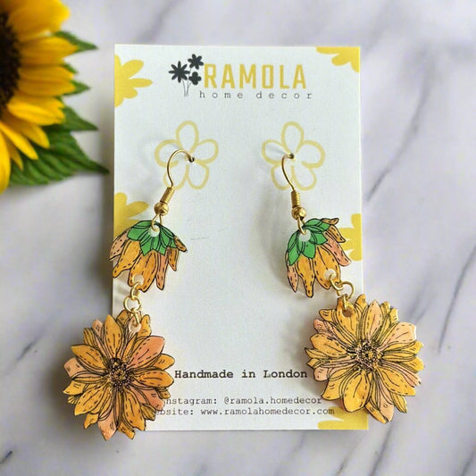 Sunflower long earrings - handmade