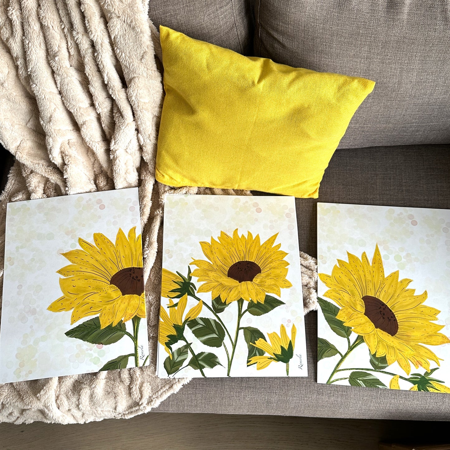 Sunflowers. Set of 3 art prints on 100% recycled paper