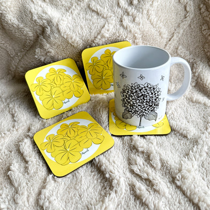 Yellow floral coasters in set of 4. High quality with vibrant illustrations.