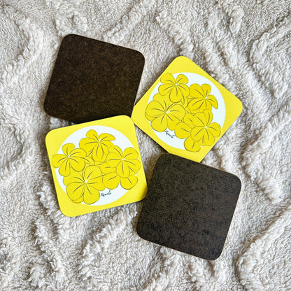 Yellow floral coasters in set of 4. High quality with vibrant illustrations.