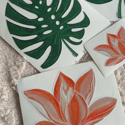 Monstera leaf & Orange flower stickers: Set of 5