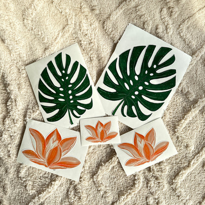 Monstera leaf & Orange flower stickers: Set of 5