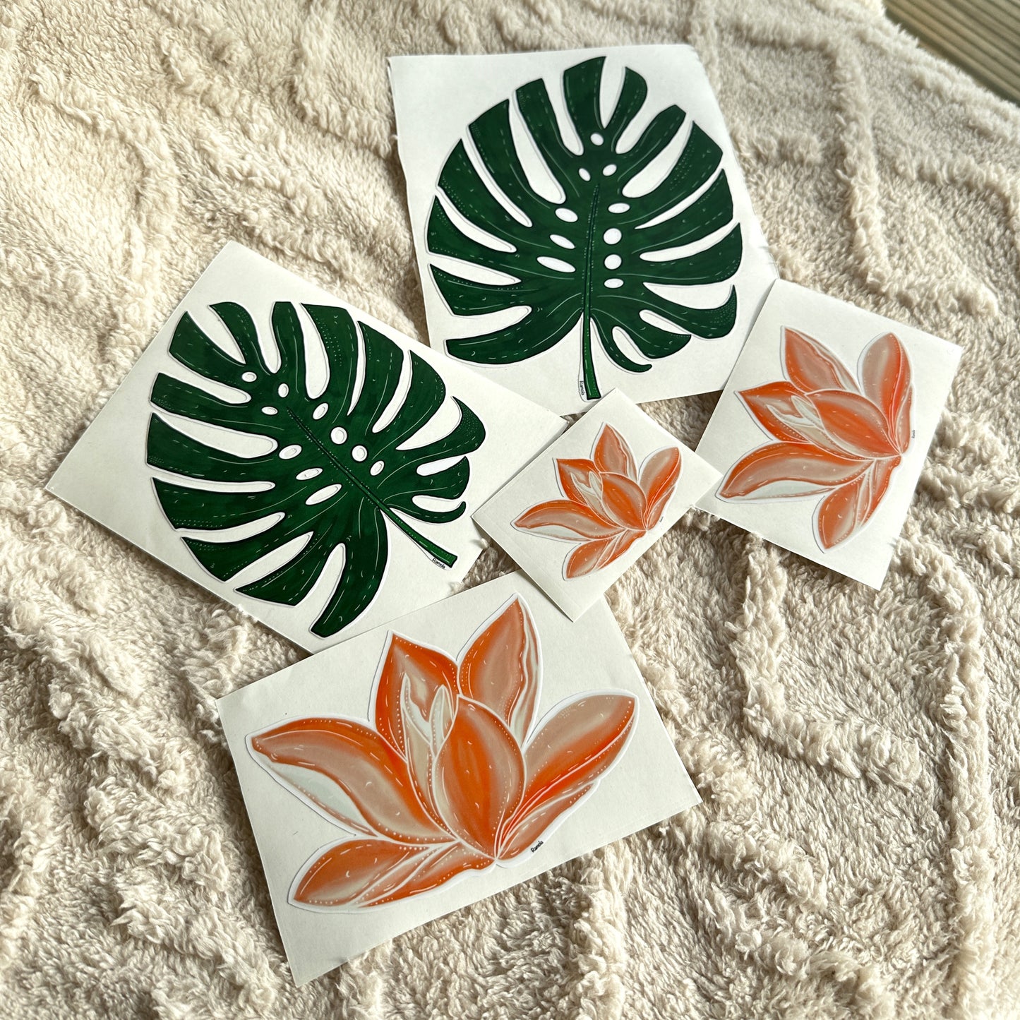 Monstera leaf & Orange flower stickers: Set of 5